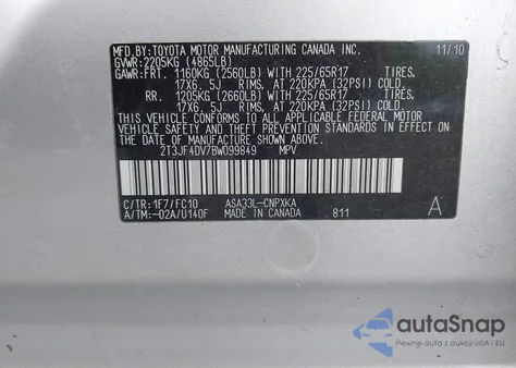 2011 Toyota Rav4 из США, поврежденный, VIN 2T3JF4DV7BW099849